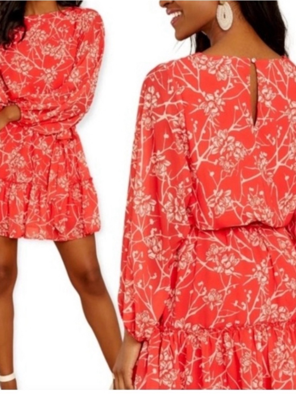 Flying Tomato Red Floral Long Sleeve Ruffle Mini Dress Summer Festival NEW! Sz L
